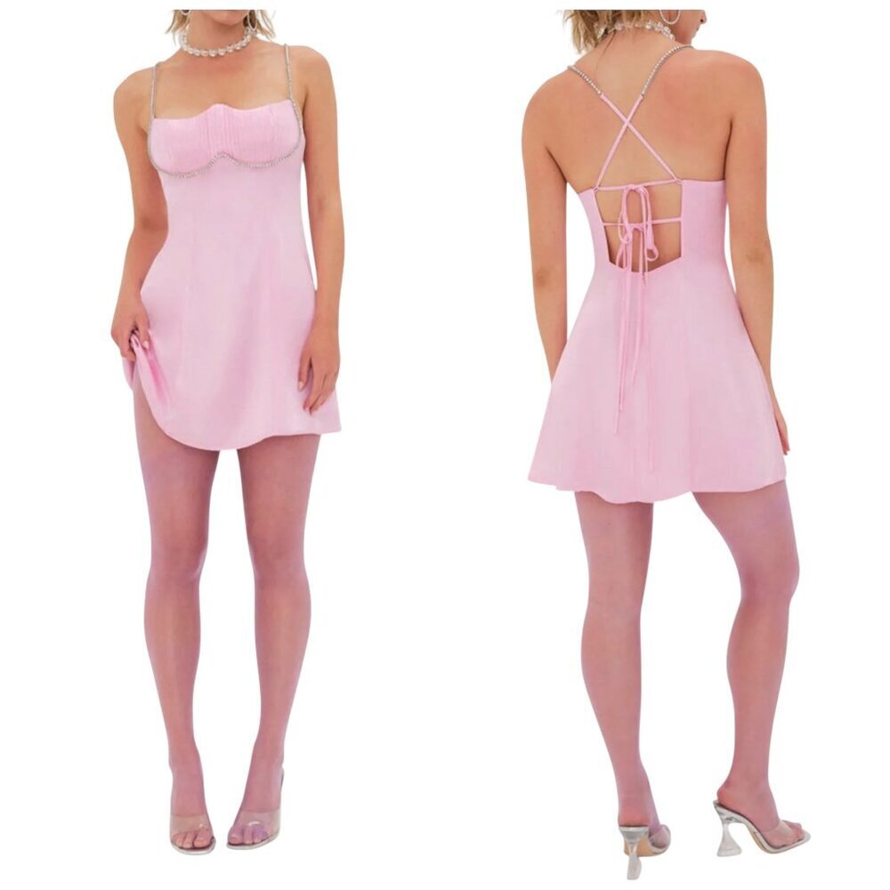 For Love & Lemons Elora Mini Dress Pink Rhinestone Straps NWT M
